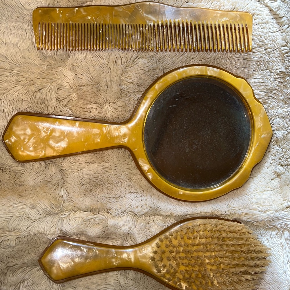 Celluloid Vintage Gold Comb, Brush, and Mirror Set